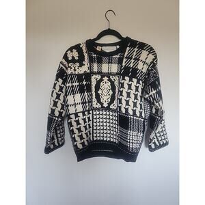 Vintage 80s Adrienne Vittadini Pure Wool Sweater Sz S Black And Cream